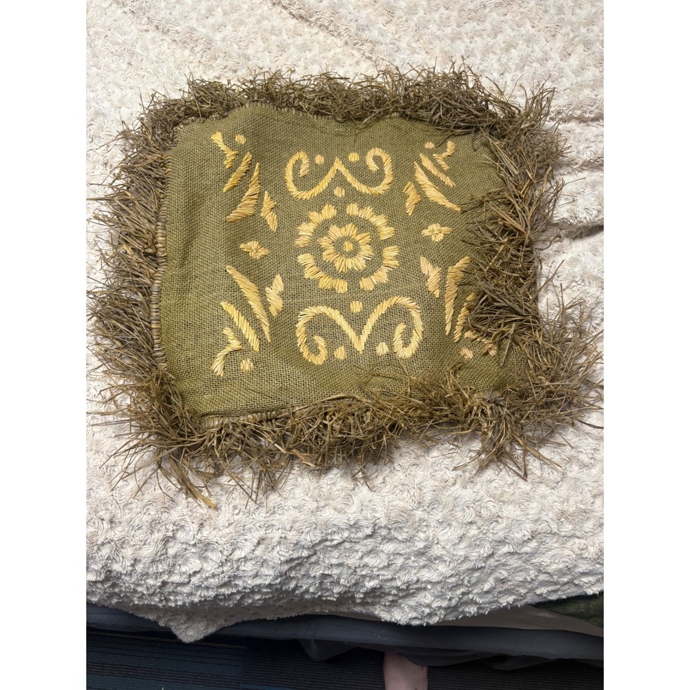 Rustic Woven‎ Decorative Accent Pillow with Natural Straw Trim - Picture 3 of 4